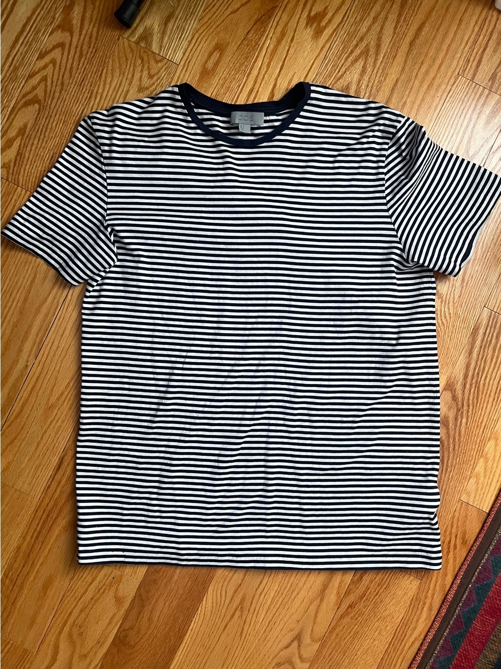 COS Navy & White Striped Crew Neck T-Shirt
